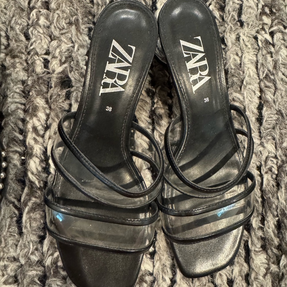 ZARA Clear Strap Heels with Lucite Block Heel – Size 38